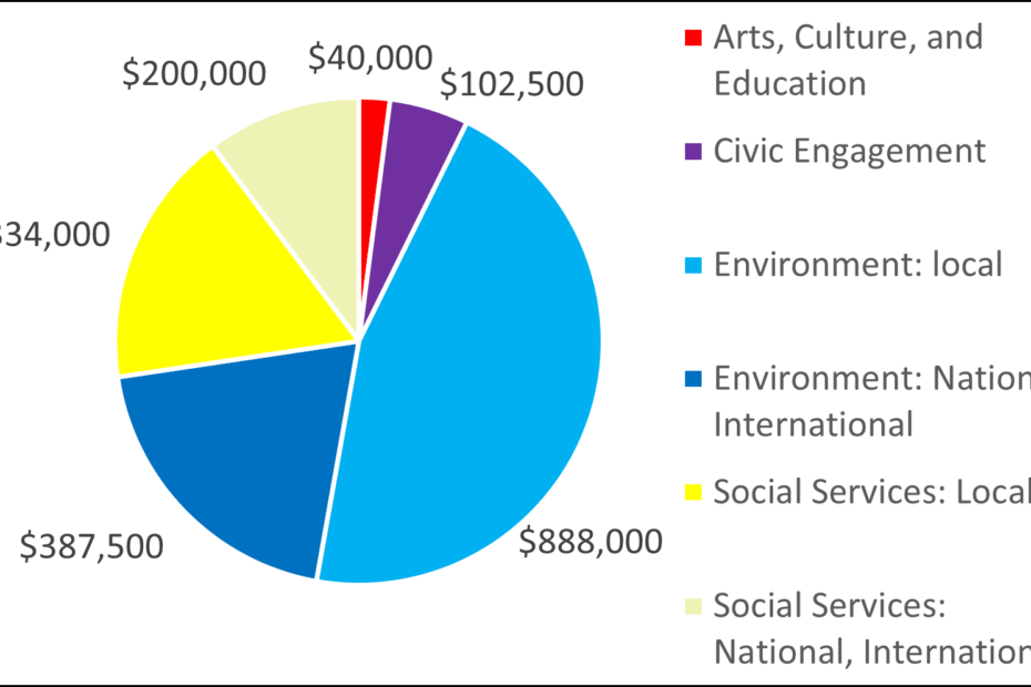 Pie chart showing breakdown for 2005: 40000 Arts, Culture, and Education 102500 Civic Engagement 888000 Environment: local 387500 Environment: National, International 334000 Social Services: Local 200000 Social Services: National, International
