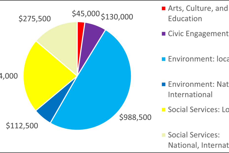 Breakdown by category (pie chart) for 2007: 45000 Arts, Culture, and Education 130000 Civic Engagement 988500 Environment: local 112500 Environment: National, International 444000 Social Services: Local 275500 Social Services: National, International