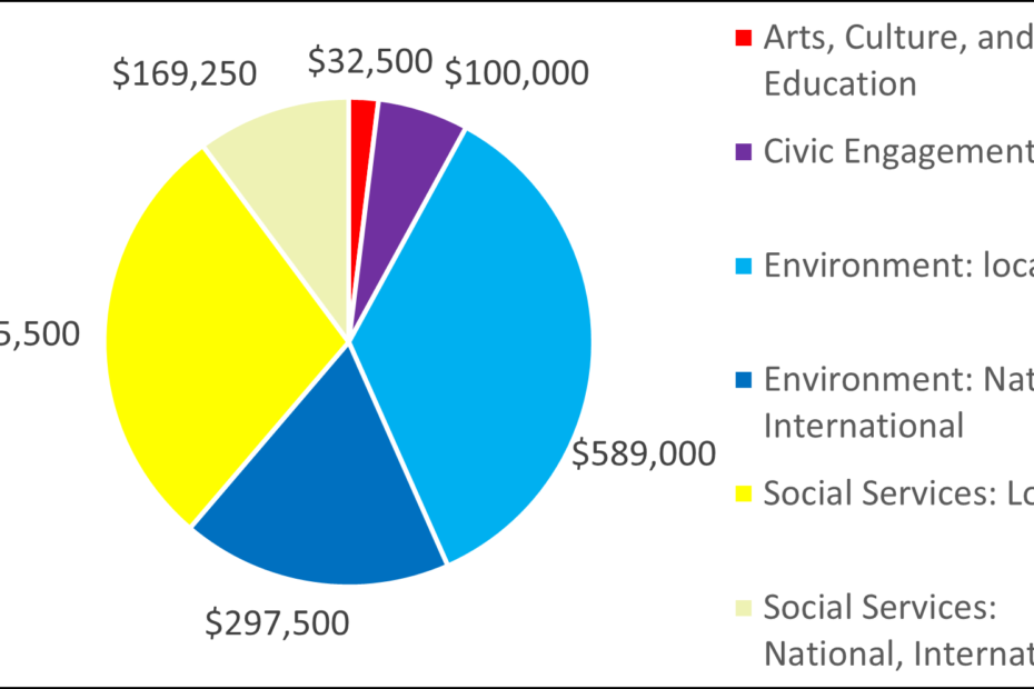 Breakdown of 2010 grants by category: 32500 Arts, Culture, and Education 100000 Civic Engagement 589000 Environment: local 297500 Environment: National, International 475500 Social Services: Local 169250 Social Services: National, International
