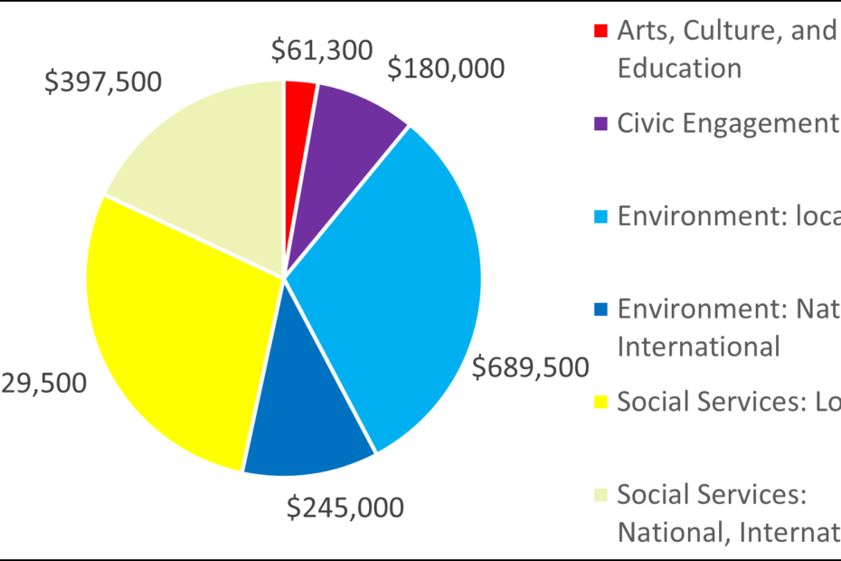 Pie chart with breakdown by category: 61300 Arts, Culture, and Education 180000 Civic Engagement 689500 Environment: local 245000 Environment: National, International 629500 Social Services: Local 397500 Social Services: National, International
