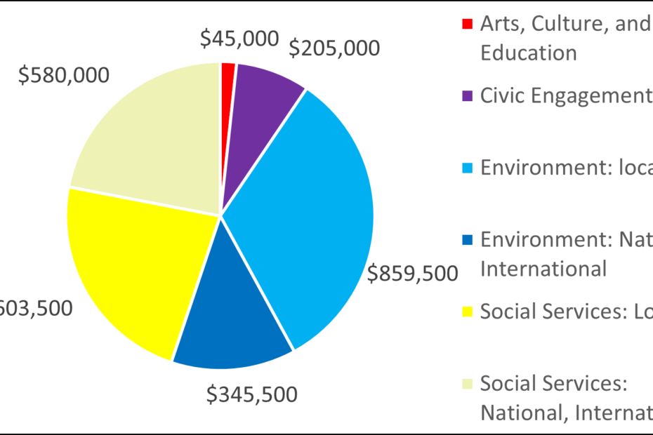Pie Chart showing breakdown by category for 2015: 45000 Arts, Culture, and Education 205000 Civic Engagement 859500 Environment: local 345500 Environment: National, International 603500 Social Services: Local 580000 Social Services: National, International