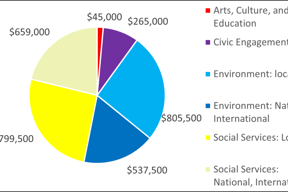 Pie chart showing 2016 breakdown by category: 45000 Arts, Culture, and Education 265000 Civic Engagement 805500 Environment: local 537500 Environment: National, International 799500 Social Services: Local 659000 Social Services: National, International