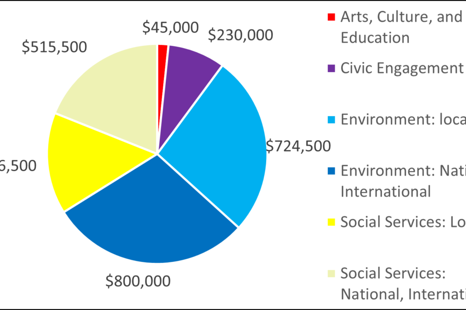 Pie Chart showing 2017 breakdown by category: 45000 Arts, Culture, and Education 230000 Civic Engagement 724500 Environment: local 800000 Environment: National, International 406500 Social Services: Local 515500 Social Services: National, International