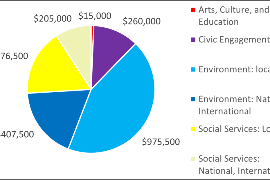 Pie chart for 2018 Grantees Arts, Culture, and Education 15,000 Civic Engagement 260,000 Environment: local 975,500 Environment: National, International 407,500 Social Services: Local 376,500 Social Services: National, International 205,000