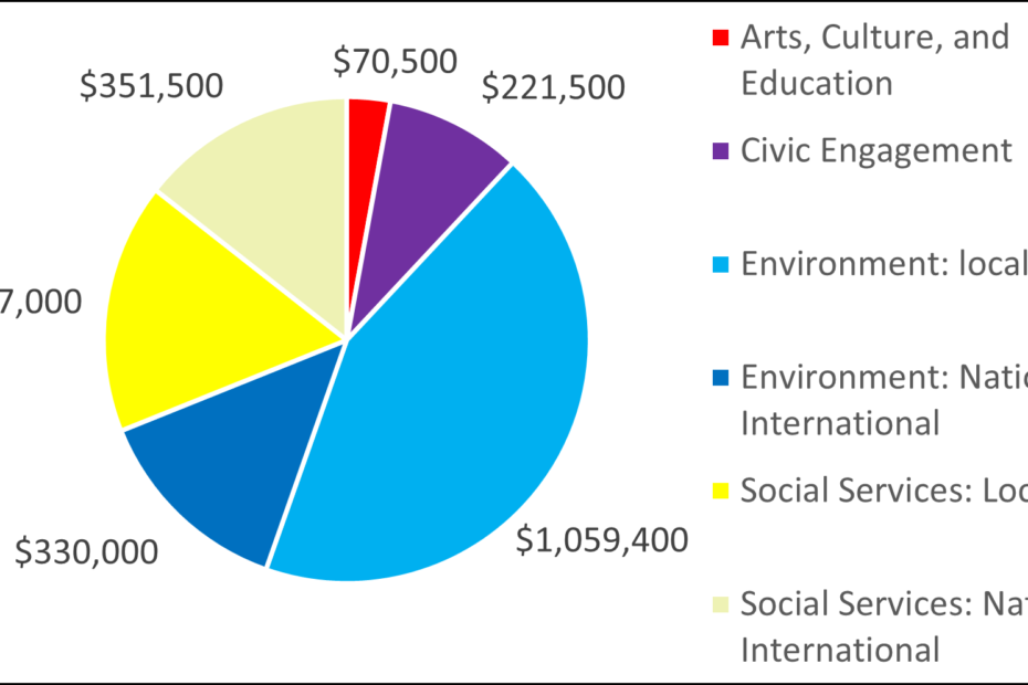 Pie Chart showing breakdown of donations based on category. 70500 Arts, Culture, and Education 221500 Civic Engagement 1059400 Environment: local 330000 Environment: National, International 407000 Social Services: Local 351500 Social Services: National, International