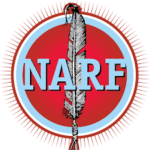 NARF Logo with NARF and a single feather on a red background