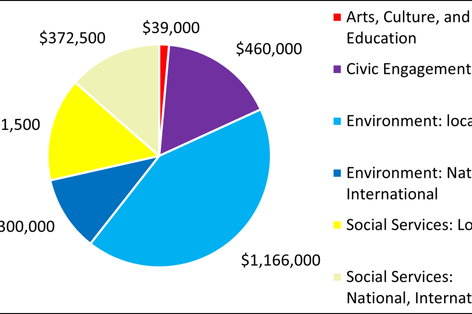 Arts, Culture, and Education $39,000 Civic Engagement $460,000 Environment: local $1,166,000 Environment: National, International $300,000 Social Services: Local $411,500 Social Services: National, International $372,500