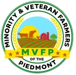 Minority and Veteran Farmers of the Piedmont Logo showing a farmer working the field with a cow, a chicken, and a farm in the foreground as the sun sets.