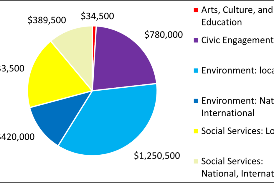 Pie Chart Showing 2024 grants -Arts, Culture, and Education $34,500 Civic Engagement $780,000 Environment: local $1,250,000 Environment: National, International $420,000 Social Services: Local $633,500 Social Services: National, International $389,500